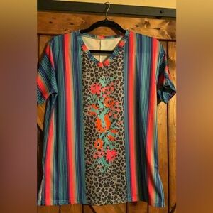 Vibrant Multicolor Striped & Leopard Floral V-Neck Top